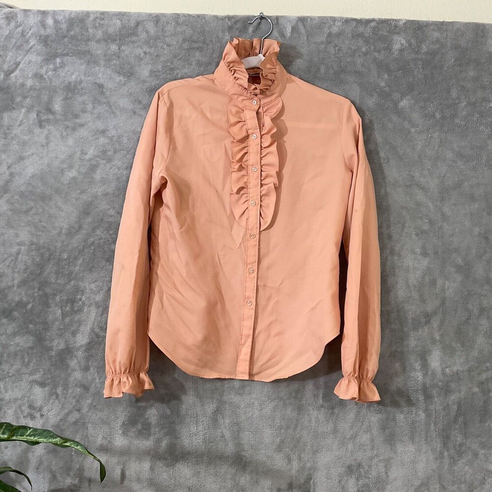 Vintage Sears Jr Bazaar Button up Blouse high Neck Ruffled S Peach